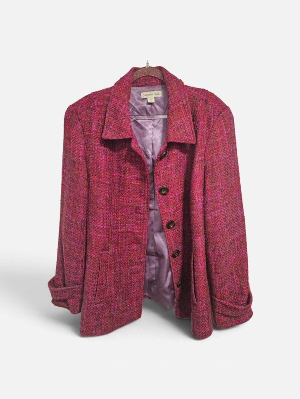 Coldwater Creek Pink Magenta Tweed Boucle Jacket Sz 14 Coquette Preppy Chic